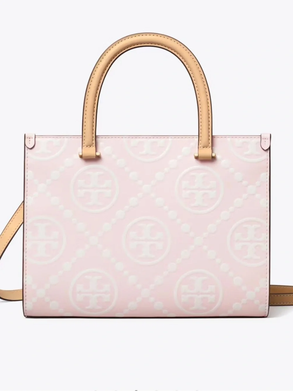 TORY BURCH T MONOGRAM CONTRAST EMBOSSED TOP-HANDLE TOTE POWDER PINK NWT